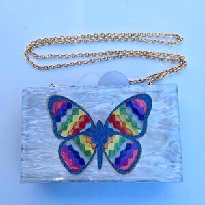 Elizabeth Sutton Collection Clutch Butterfly and Rainbow Acrylic Clutch Purse